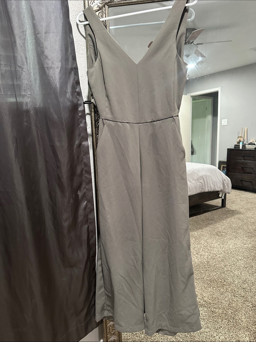 Women's V-Neck Sleeveless long romper in Taupe